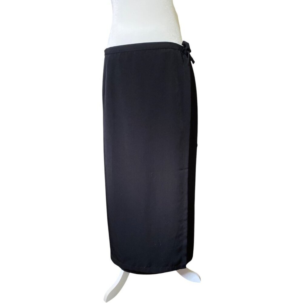 Vintage Eva Negri Paris Black Satin Wrap Maxi Skirt Tie Waist Size XL 14